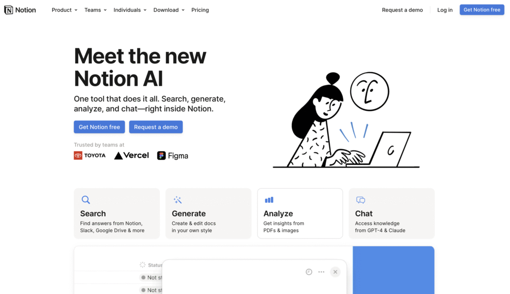 Interface do Notion AI sendo usada para planejamento de conteúdo digital, melhores ferramentas de ia